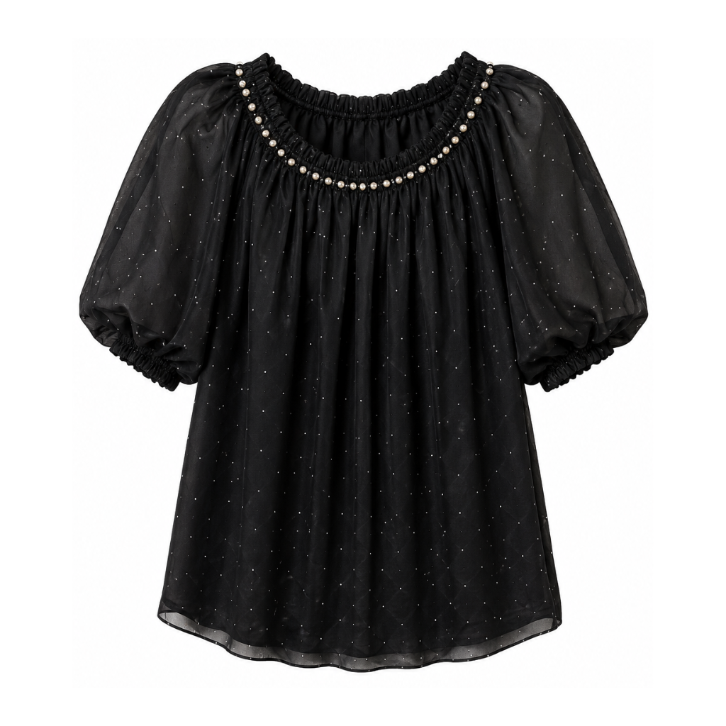 Women’s Embellished Puff Sleeve Sheer Top | Stylish Gathered Neck Party Wear Top