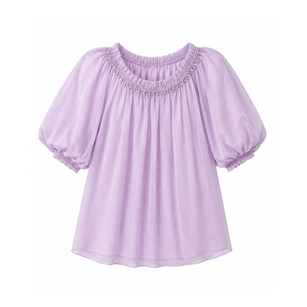 Women’s Embellished Puff Sleeve Sheer Top | Stylish Gathered Neck Party Wear Top