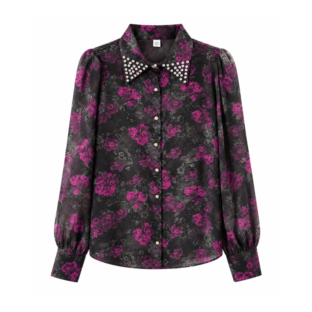 Women’s Floral Printed Full Sleeve Shirt with Embellished Collar | Stylish Western Wear Top