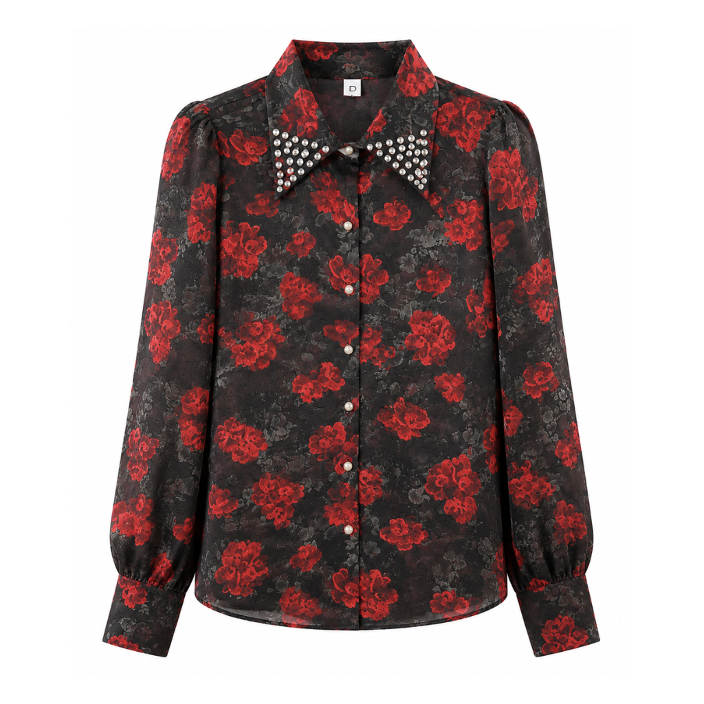 Women’s Floral Printed Full Sleeve Shirt with Embellished Collar | Stylish Western Wear Top