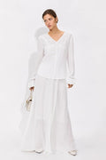 Mad Love Women’s Premium White Embroidered Co-Ord Set with V Neck Full Sleeve Top and Flowy Maxi Skirt | Elegant Designer Ethnic Western Outfit for Women