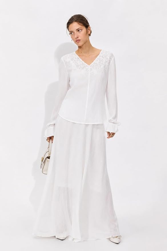 Mad Love Women’s Premium White Embroidered Co-Ord Set with V Neck Full Sleeve Top and Flowy Maxi Skirt | Elegant Designer Ethnic Western Outfit for Women