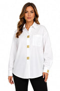 Women's Oversized White Cotton Shirt with Gold Statement Buttons, Full Sleeve Collared Casual Shirt, Free Size Designer Top, Elegant Office Wear, Premium Fashion Shirt