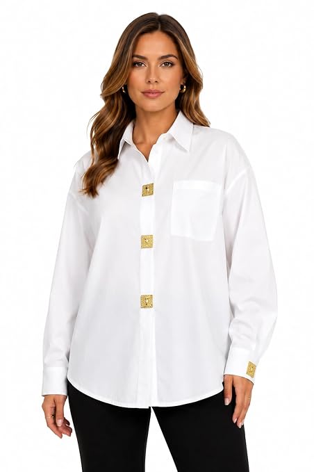 Women's Oversized White Cotton Shirt with Gold Statement Buttons, Full Sleeve Collared Casual Shirt, Free Size Designer Top, Elegant Office Wear, Premium Fashion Shirt
