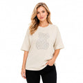 Women's Black Oversized Cotton T-Shirt with Rhinestone Teddy Bear Design | Round Neck Half Sleeve Stretchable Casual Graphic Tee | Free Size Comfortable Fashion Top | Cream
