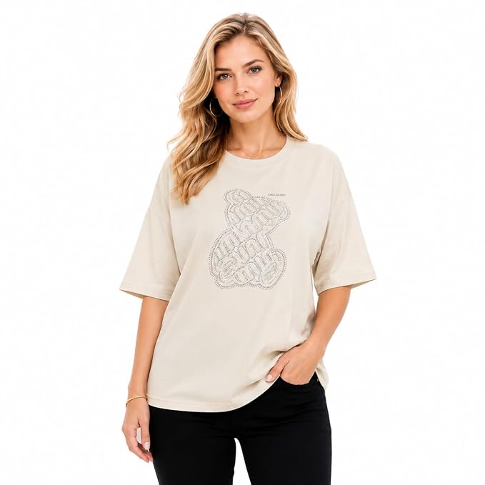 Women's Black Oversized Cotton T-Shirt with Rhinestone Teddy Bear Design | Round Neck Half Sleeve Stretchable Casual Graphic Tee | Free Size Comfortable Fashion Top | Cream