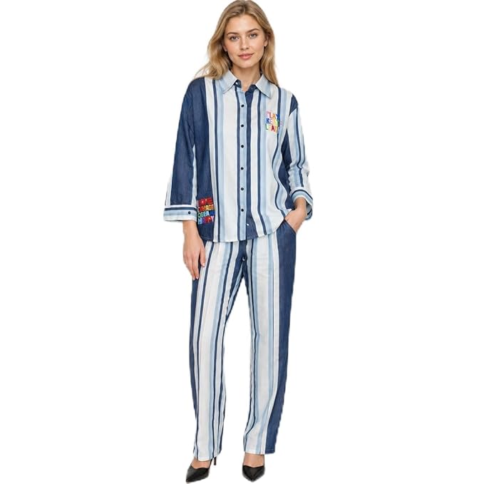 Mad Love Women’s Cotton Striped Coord Set | Full Sleeve Shirt & Pant with Embroidery & Quote Print | Casual Summer Co-ord Outfit