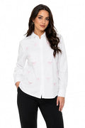 Mad Love Women's White Embroidered Shirt | Pink Bow Embroidery Full Sleeve Button Down Collared Top | Casual Office Wear Cotton Blend for Women | Formal Western Shirt