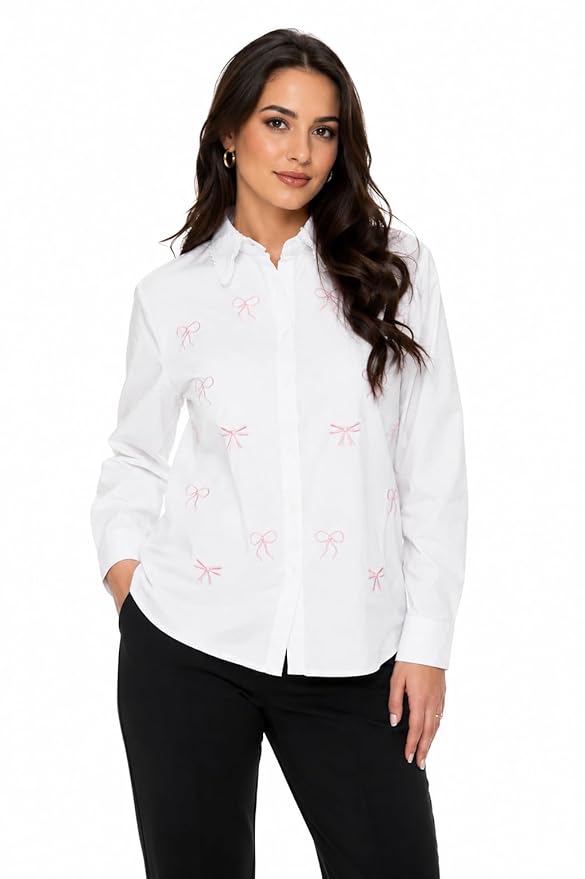 Mad Love Women's White Embroidered Shirt | Pink Bow Embroidery Full Sleeve Button Down Collared Top | Casual Office Wear Cotton Blend for Women | Formal Western Shirt