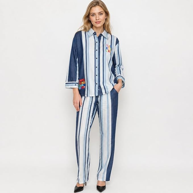 Mad Love Women's Striped Cotton Coord Set | Shirt & Pants with Multicolor Quotes | Casual Summer Two-Piece Co-ord Outfit