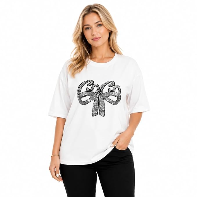 Women's Sparkle Knot Street Fit White T-Shirt, Cotton Lycra Stretchable Oversized Casual Top, Rhinestone Bow Graphic Tee, Round Neck Half Sleeve Free Size Fashion Streetwear for Women