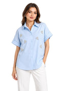 Women's Light Blue Embellished Shirt for Women | Casual Button Down Collared Top | Short Sleeve Relaxed Fit Office Wear Shirt | Pearl Embroidery Fashion Blouse | Summer Smart Casual