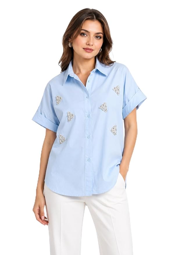 Women's Light Blue Embellished Shirt for Women | Casual Button Down Collared Top | Short Sleeve Relaxed Fit Office Wear Shirt | Pearl Embroidery Fashion Blouse | Summer Smart Casual