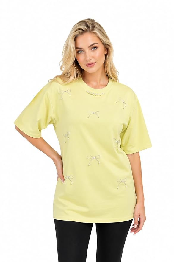Cosmic Spritz Lemon T-Shirt for Women | Oversized Free Size Cotton Lycra Top | Round Neck Half Sleeve Casual Tee | Soft Stretchable Pearl Bow Detail Fashion Top