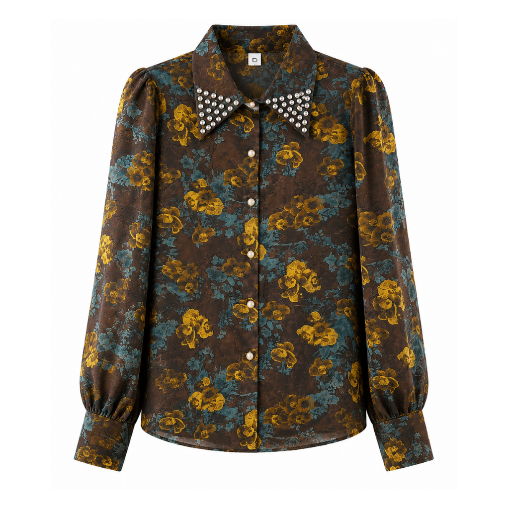 Women’s Floral Printed Full Sleeve Shirt with Embellished Collar | Stylish Western Wear Top