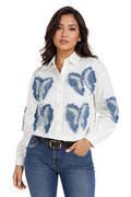 Women's White Butterfly Applique Shirt, Designer Denim Patch Button Down Top, Long Sleeve Fashion Blouse for Women, Embellished Casual Shirt, Trendy Collared Top