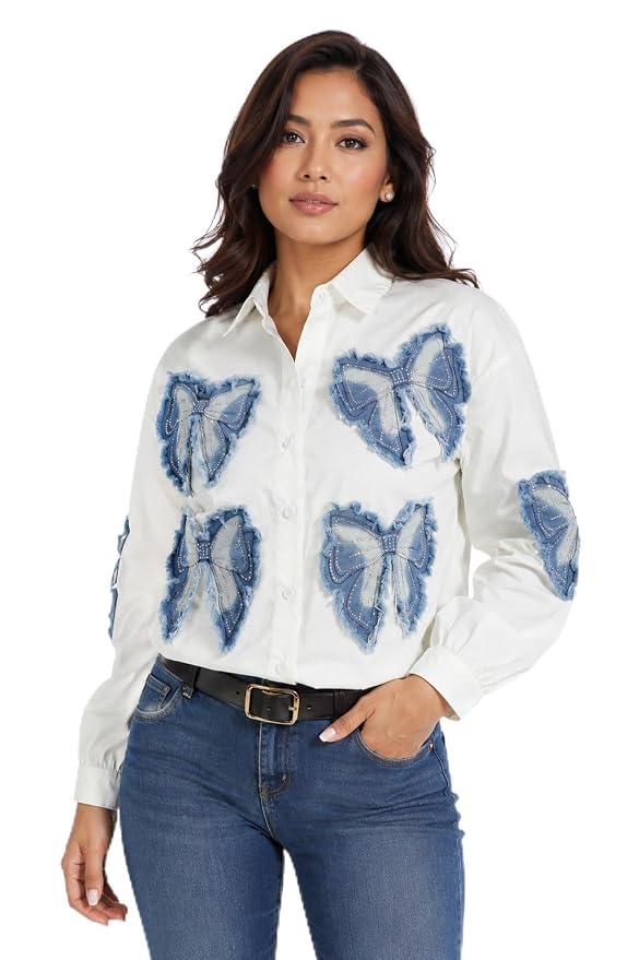 Women's White Butterfly Applique Shirt, Designer Denim Patch Button Down Top, Long Sleeve Fashion Blouse for Women, Embellished Casual Shirt, Trendy Collared Top