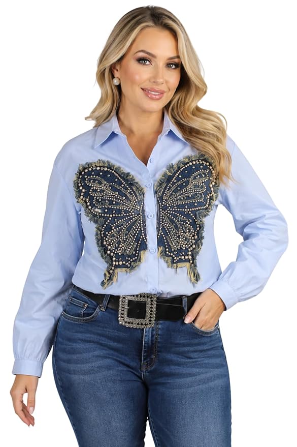 Women's Embellished Butterfly Design Shirt – Light Blue Button-Down Collared Top with Pearl Bead Detailing, Long Sleeves, Premium Cotton Blend Casual Fashion Shirt