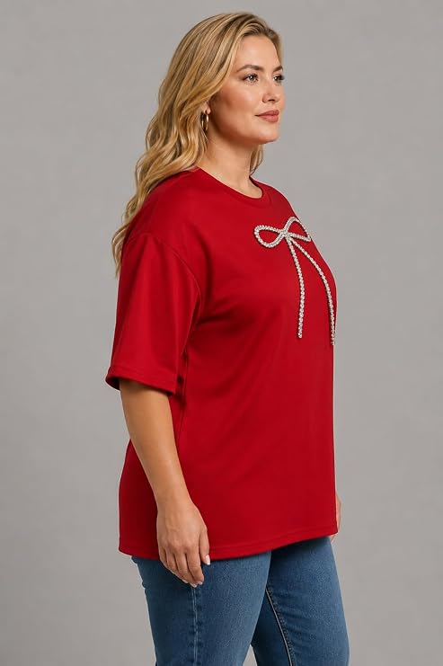 Mad Love Women's Oversized Cotton Lycra T-Shirt for Women | Free Size Casual Loose Fit Top | Round Neck Half Sleeve Stretchable Tee | Soft Comfortable Graphic Bow Design T-Shirt