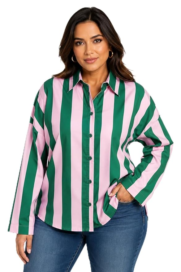 Women's Blue and White Striped Shirt, Oversized Button Down Collared Top, Long Sleeve Casual Fashion Blouse, Vertical Stripe Relaxed Fit Shirt for Women, Trendy Workwear, Travel Top
