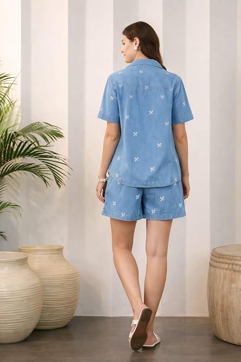 Mad Love Women’s Printed Denim Co-Ord Set | Stylish Jacket & Wide-Leg Pants Two Piece Outfit | Casual Western Travel Coord Set for Women (Dark Blue Prinkted)