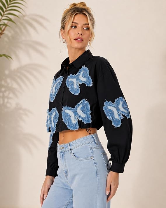 Butterfly Denim Patch Crop Shirt