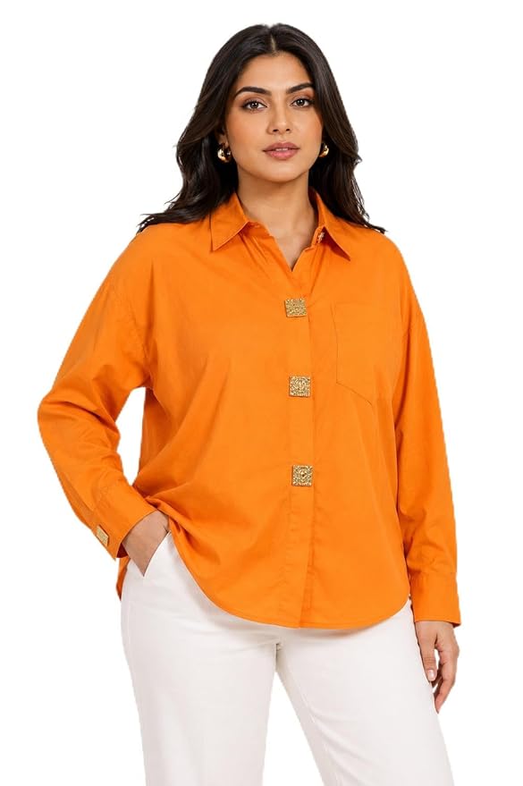 Women's Orange Shirt for Women, Oversized Button Down Collared Top, Long Sleeve Casual Formal Office Wear Blouse, Relaxed Fit Fashion Shirt, Stylish Workwear Top, Travel & Parties