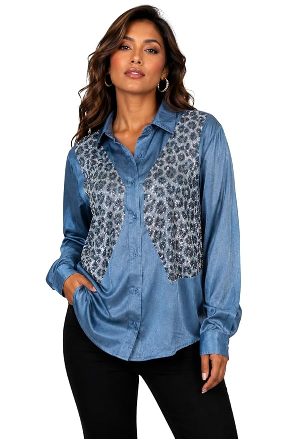 Mad Love Women's Bloue Satin Sequin Embellished Shirt, Leopard Pattern Top, Full Sleeve Button Down Blouse, Designer Glam Casual Luxury Statement Top