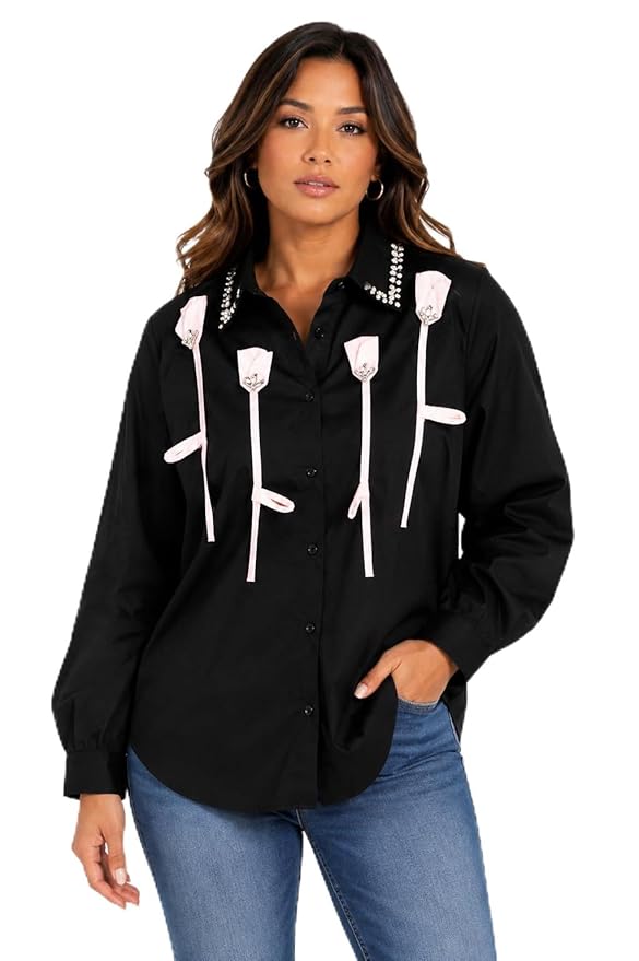 Women's Black Designer Shirt with Ribbon Applique, Long Sleeve Button Down Fashion Top, Embellished Collared Blouse, Casual Shirt for Women, Trendy Statement Top