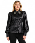 Women Black Premium Satin Shirt with Rhinestone Embellished Collar, Stylish Puff Sleeve Top, Luxury Designer Blouse, Shirt for Evening Occasion (Black)