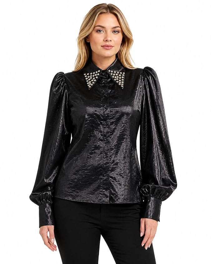 Women Black Premium Satin Shirt with Rhinestone Embellished Collar, Stylish Puff Sleeve Top, Luxury Designer Blouse, Shirt for Evening Occasion (Black)
