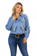 Mad Love Women's Butterfly Applique Button Down Shirt – Long Sleeve Collared Cotton Blend Fashion Top with Frayed Denim Embroidery, Casual Trendy Blouse for Women