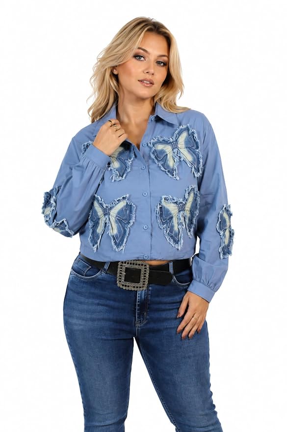 Mad Love Women's Butterfly Applique Button Down Shirt – Long Sleeve Collared Cotton Blend Fashion Top with Frayed Denim Embroidery, Casual Trendy Blouse for Women
