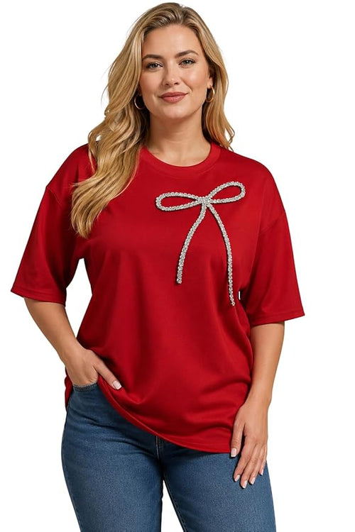 Woman wearing a red t-shirt with a decorative bow design on a white background
