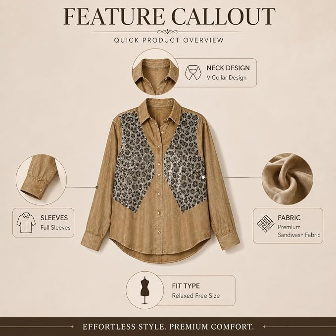 Mad Love Women's Brown Satin Sequin Embellished Shirt, Leopard Pattern Top, Full Sleeve Button Down Blouse, Designer Glam Casual Luxury Statement Top