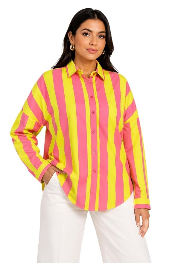 Women's Pink and Lime Green Striped Shirt, Oversized Button Down Collared Top, Long Sleeve Casual Fashion Blouse, Relaxed Fit Statement Top for Travel, Party