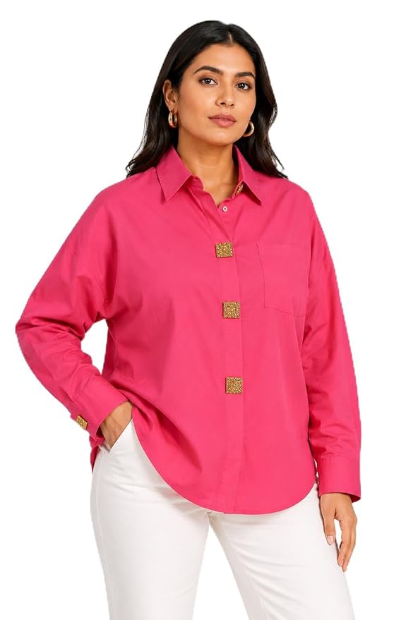 Women's Hot Pink Shirt for Women, Oversized Button Down Collared Top, Long Sleeve Casual Formal Office Wear Blouse, Relaxed Fit Fashion Shirt, Stylish Workwear Top, Travel & Parties