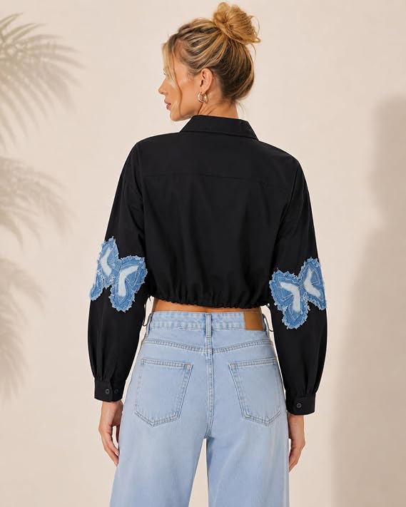Butterfly Denim Patch Crop Shirt