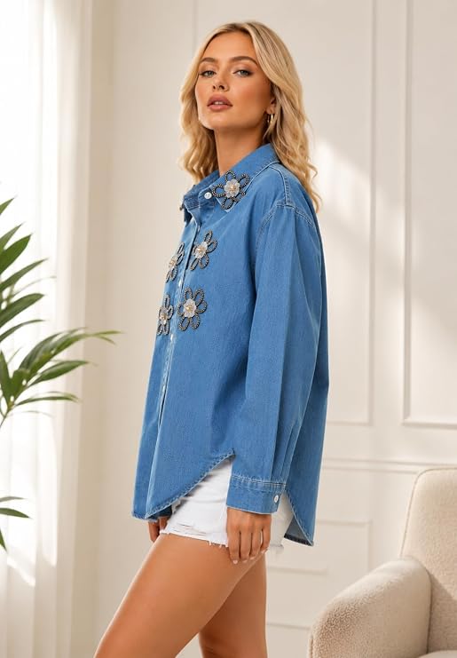 Mad Love Embellished Denim Shirt - front view white background