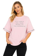 Mad Love Chill Script Statement Pink Top for Women | Cotton Lycra Free Size Oversized T-Shirt | Round Neck Half Sleeve Casual Tee | Soft Stretchable Graphic Printed Top