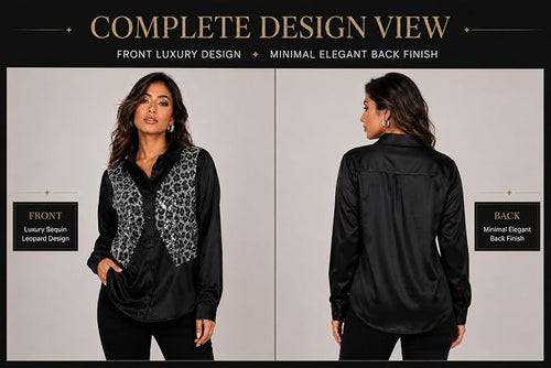 Mad Love Women's Black Satin Sequin Embellished Shirt, Leopard Pattern Top, Full Sleeve Button Down Blouse, Designer Glam Casual Luxury Statement Top