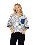 Mad Love Women’s Chevron Print Half Sleeve Shirt with Denim Pocket | Casual Summer Cotton Button-Down Shirt