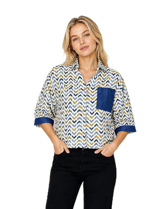 Mad Love Women’s Chevron Print Half Sleeve Shirt with Denim Pocket | Casual Summer Cotton Button-Down Shirt