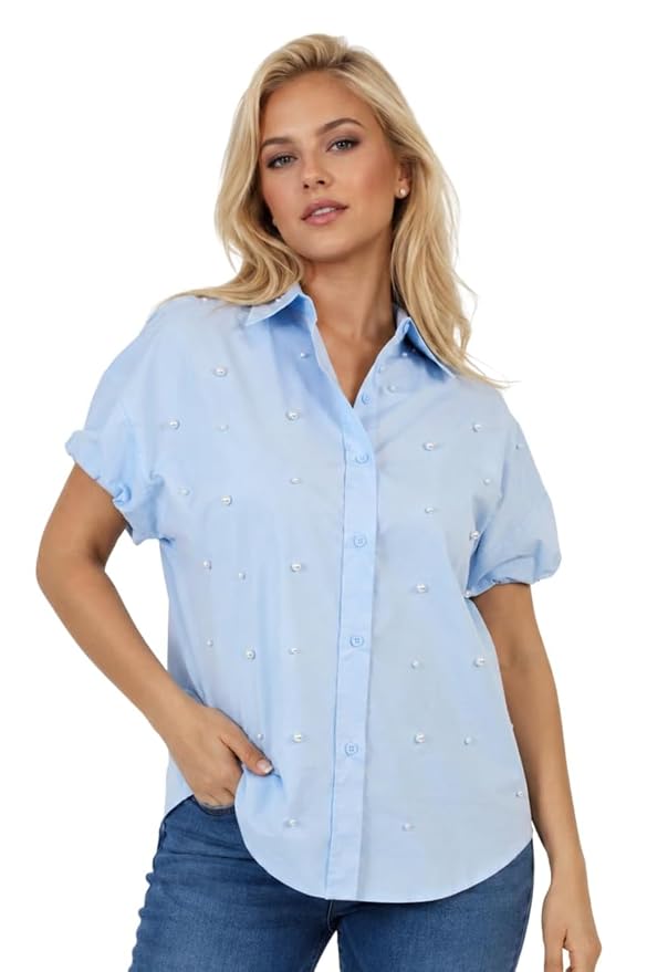 Mad Love Breezy Dot Detail Cotton Shirt for Women | Pearl Embellished Half Sleeve Button-Down Top | Soft Breathable Fabric | Relaxed Free Size Casual Office & Everyday Wear