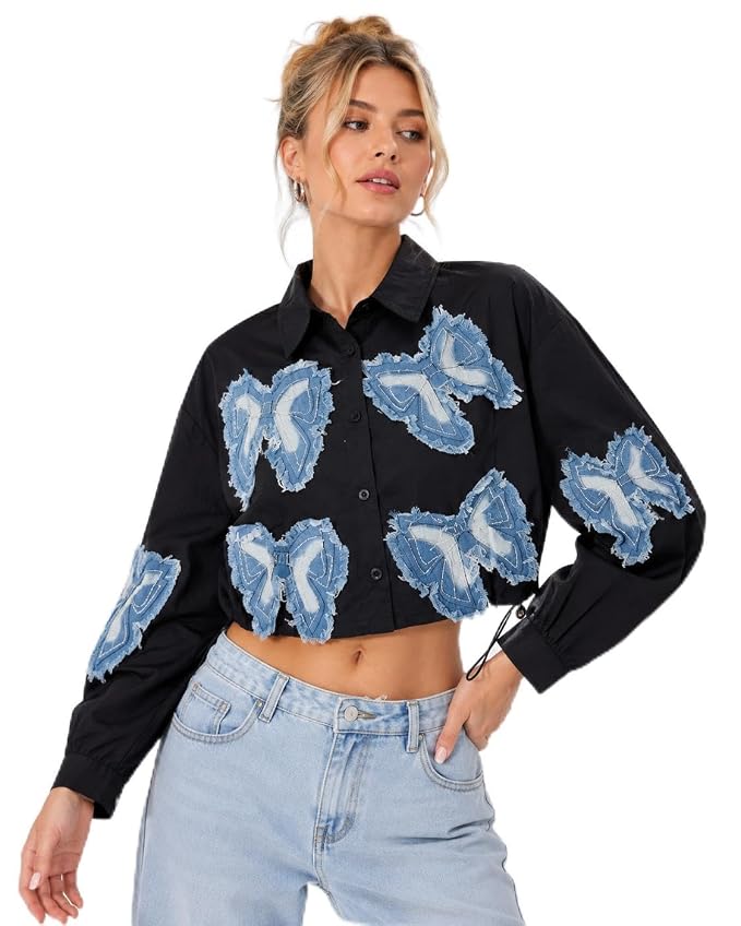 Butterfly Denim Patch Crop Shirt
