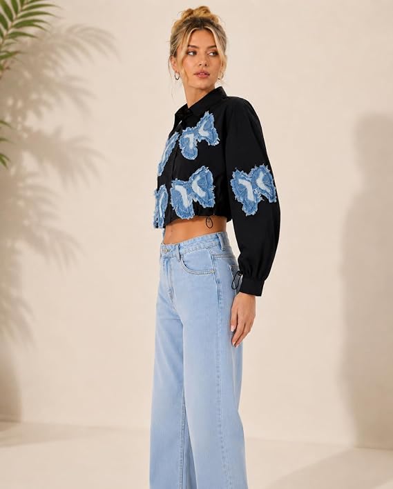 Butterfly Denim Patch Crop Shirt