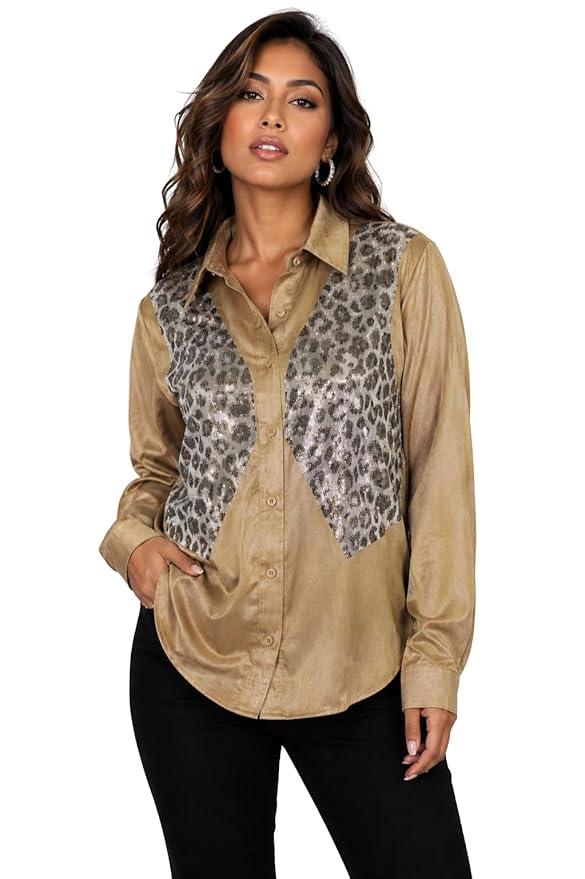 Mad Love Women's Brown Satin Sequin Embellished Shirt, Leopard Pattern Top, Full Sleeve Button Down Blouse, Designer Glam Casual Luxury Statement Top