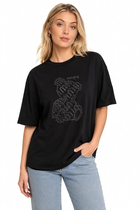 Women's Black Oversized Cotton Lycra T-Shirt with Rhinestone Teddy Bear Design | Round Neck Half Sleeve Stretchable Casual Graphic Tee | Free Size Comfortable Fashion Top