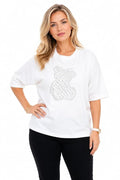 Women's Black Oversized Cotton T-Shirt with Rhinestone Teddy Bear Design | Round Neck Half Sleeve Stretchable Casual Graphic Tee | Free Size Comfortable Fashion Top | White