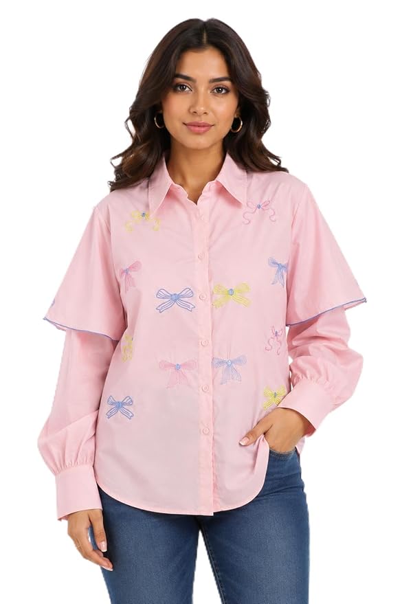 Mad Love Women's Pink Embroidered Shirt | Pink Bow Embroidery Full Sleeve Button Down Collared Top | Casual Office Wear Cotton Blend for Women | Formal Western Shirt